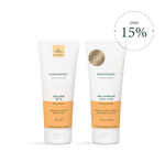 SUN kit before and after sun: Tuben Karmameju Sun Lotion SPF 30 und Pre- & After Sun Serum-Lotion nebeneinander