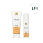 SUN kit body and face: Karmameju Sun Lotion SPF 30 in der Tube und Face Cream SPF 30 im Pumpspender nebeneinander